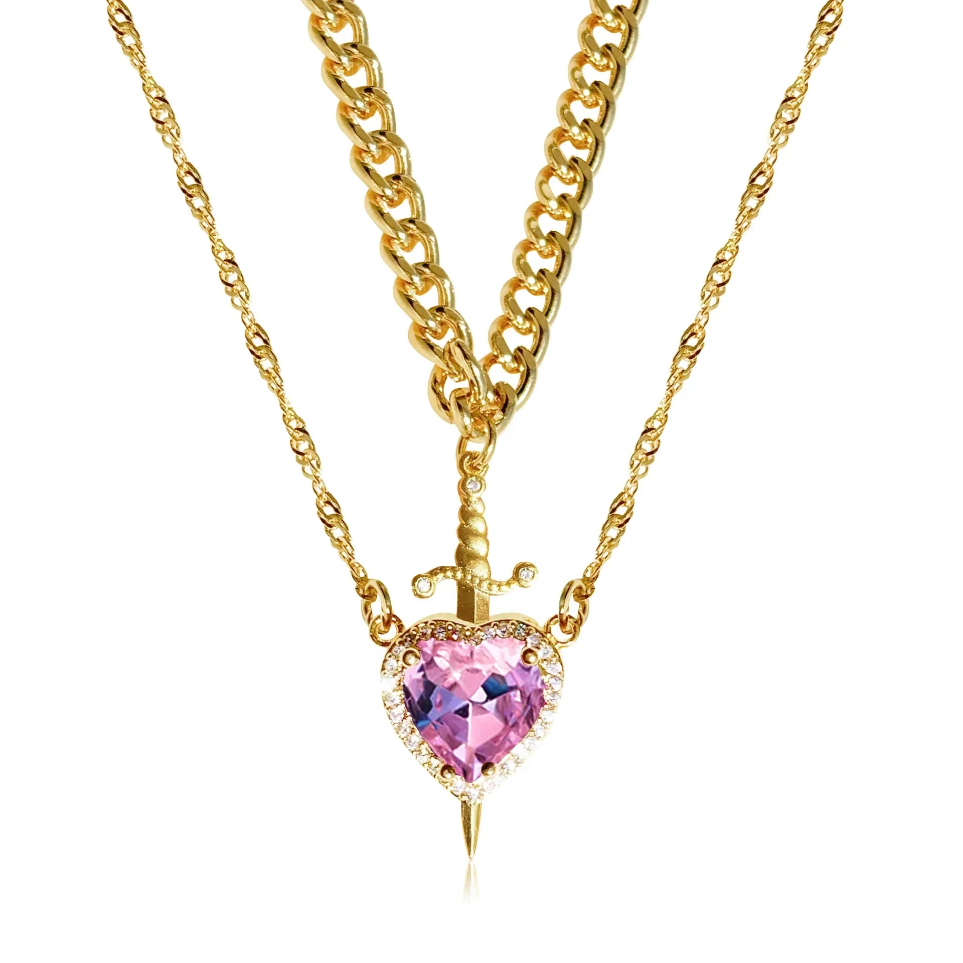 Heart and Sword Zircon Pendant Necklace for Women Men Couple Silver Gold Plated Choker Chain Jewelry