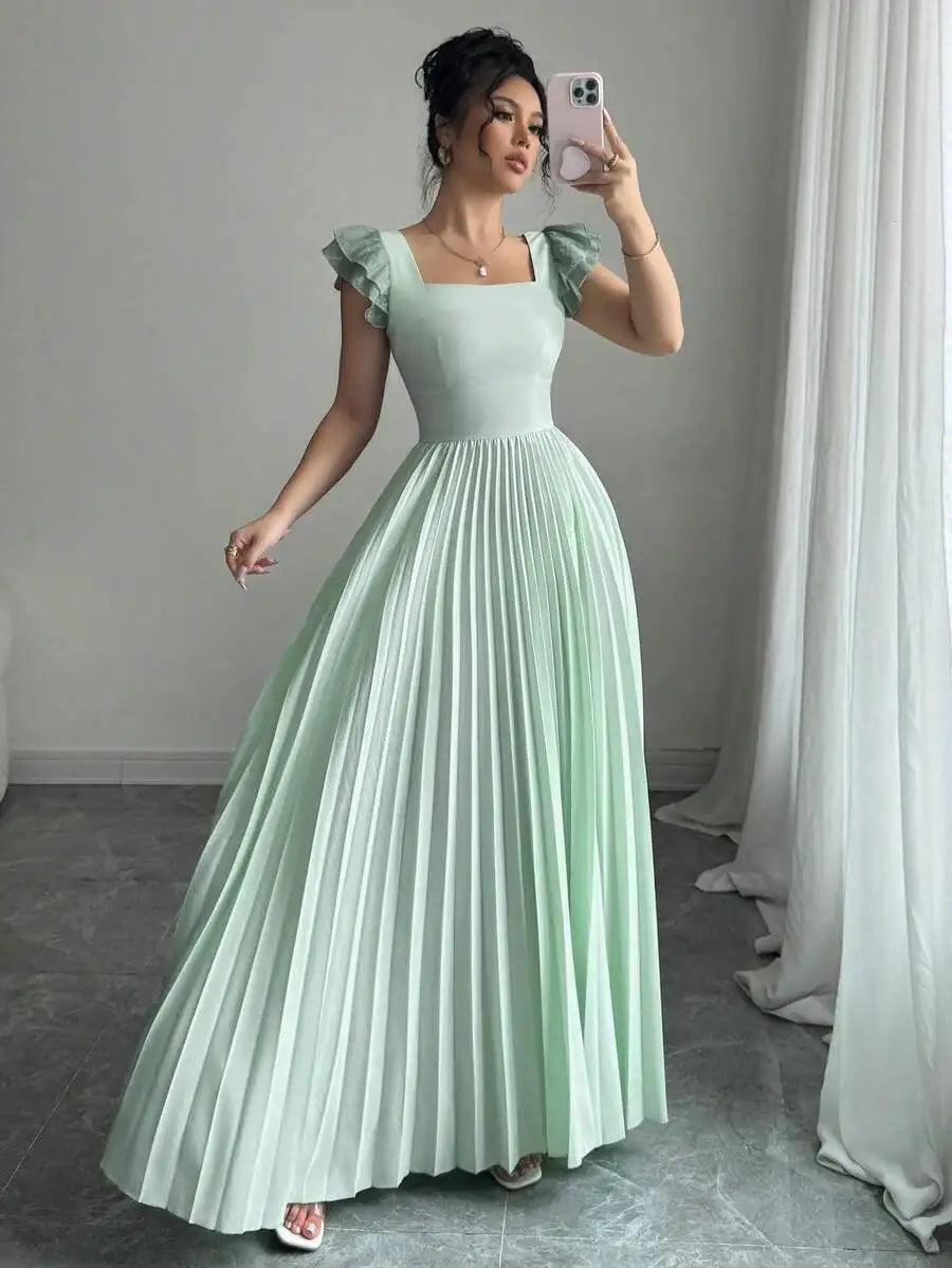 Elegant Mint Green Square Neck Ruffled Sleeve Pleated Maxi Dress