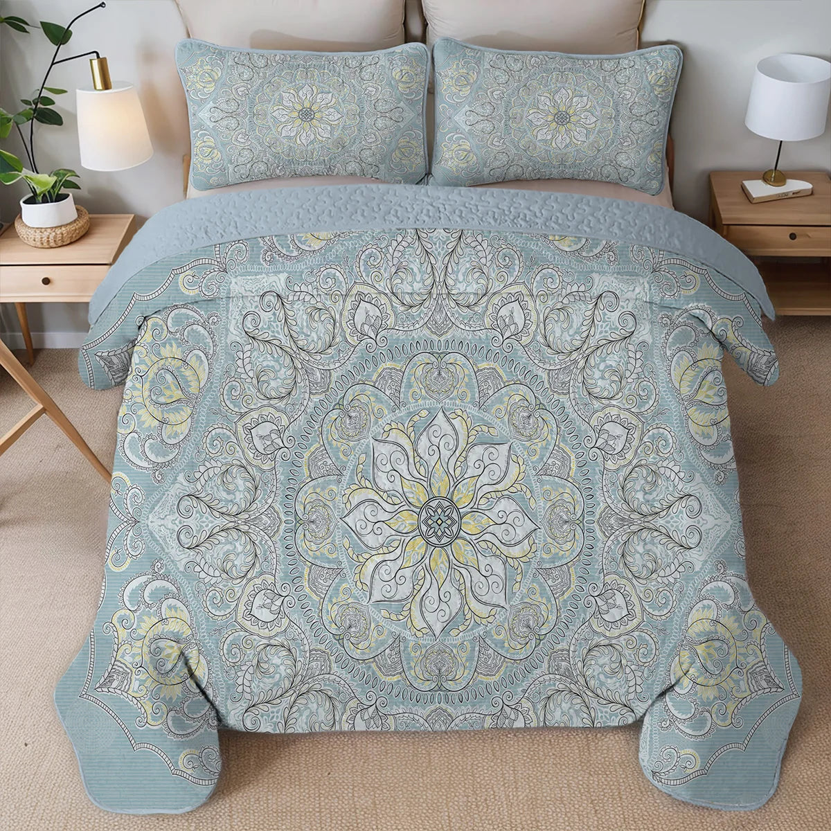 Boho Printed Quilt Set, Cal King, Durable, Breathable and Unique Summer Bedding Set, Including 1 Quilt, 1/2 Pillowcase