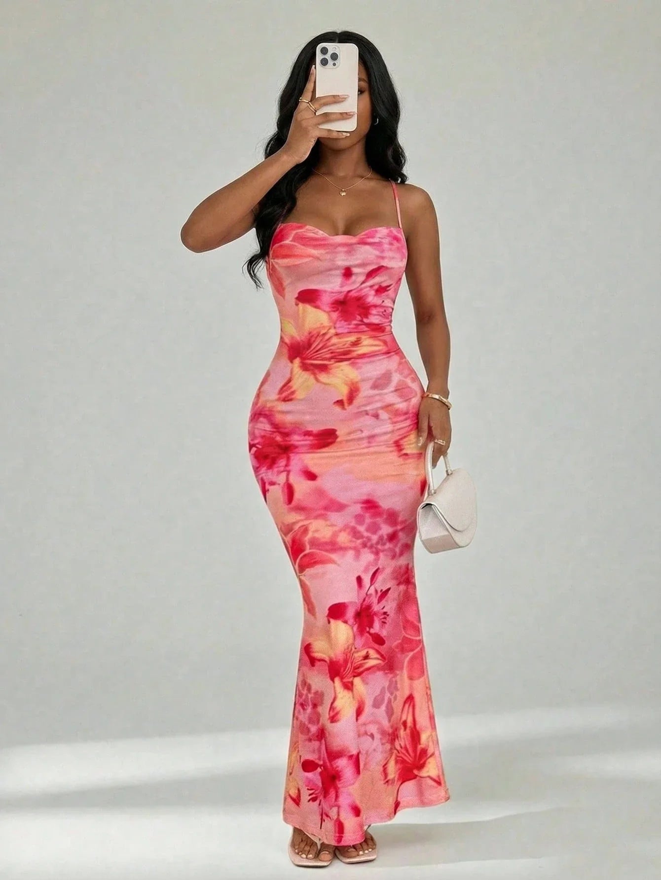 Pink Floral Bodycon Maxi Dress With Plunging neckline And Backless Design For Vacation Party Wear