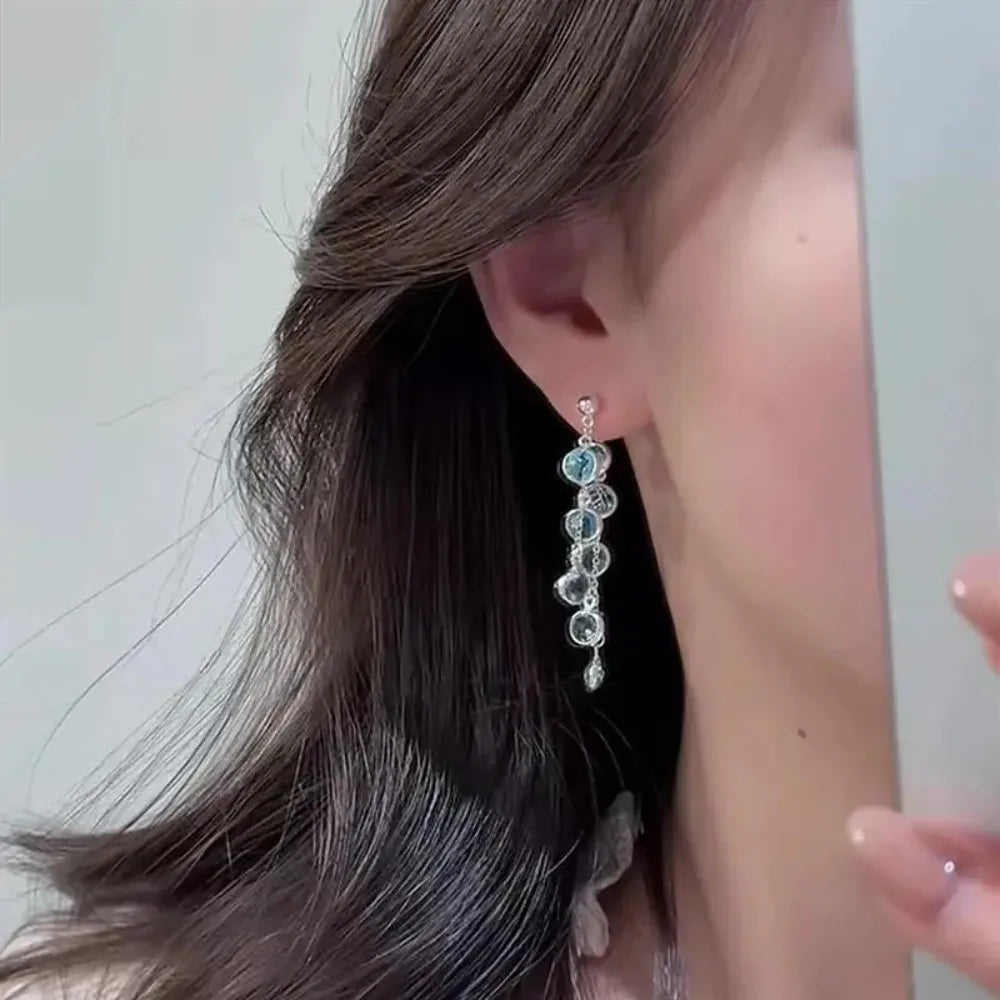 Luxury Elegant Blue Tassel Dangle Earrings Fashion Sweet Crystal Water Drop Jewelry  Gifts