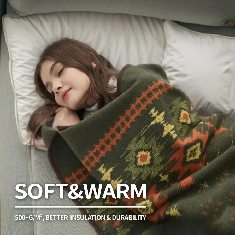 Merino Wool Blanket Warm Thick Washable Large Bed Couch Outdoor Camping Sleeping Throw, Myers Green 79x63