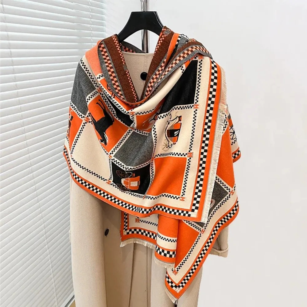 Poncho Cashmere Winter Women Scarf Horse Print Shawl Wrap