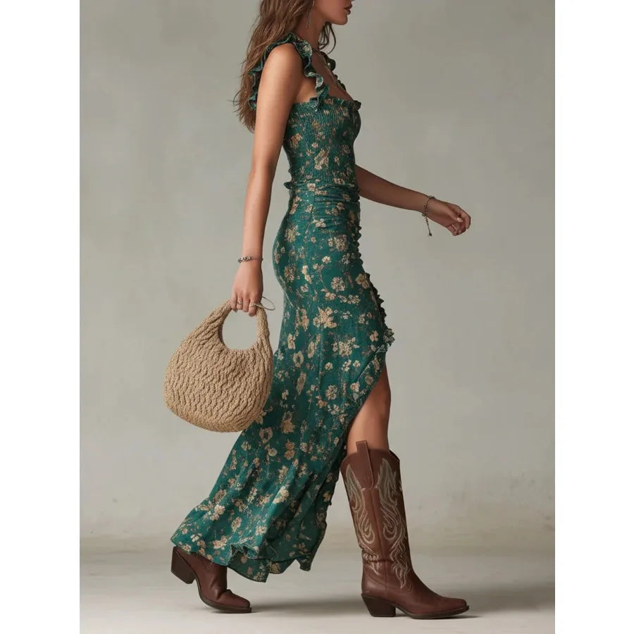pastoral style summer new style small floral print slim figure slimming waist wide skirt strap dress