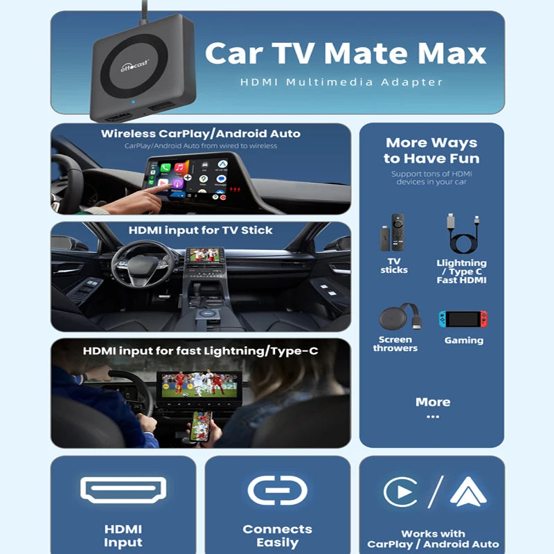 Car TV Mate Wired to Wireless CarPlay Adapter Android Auto HDMI Multimedia Video Converter
