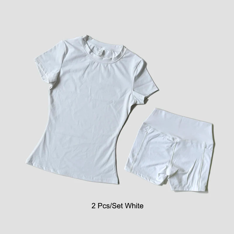 Women's Sports Yoga Set Seamless Knitted Fitness Gym Clothes Sportswear Short Sleeve Crop Top