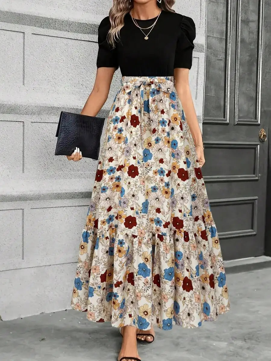 Elegant A-Line Dress with Puff Sleeves, Bow Waist, Leaf Print, Round Neck, Lightweight for Spring Summer