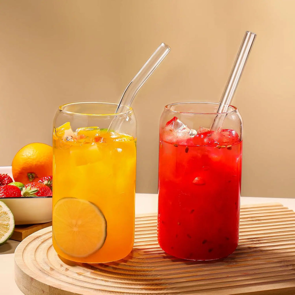 Drinking Glasses with Bamboo Lids and Glass Straws
