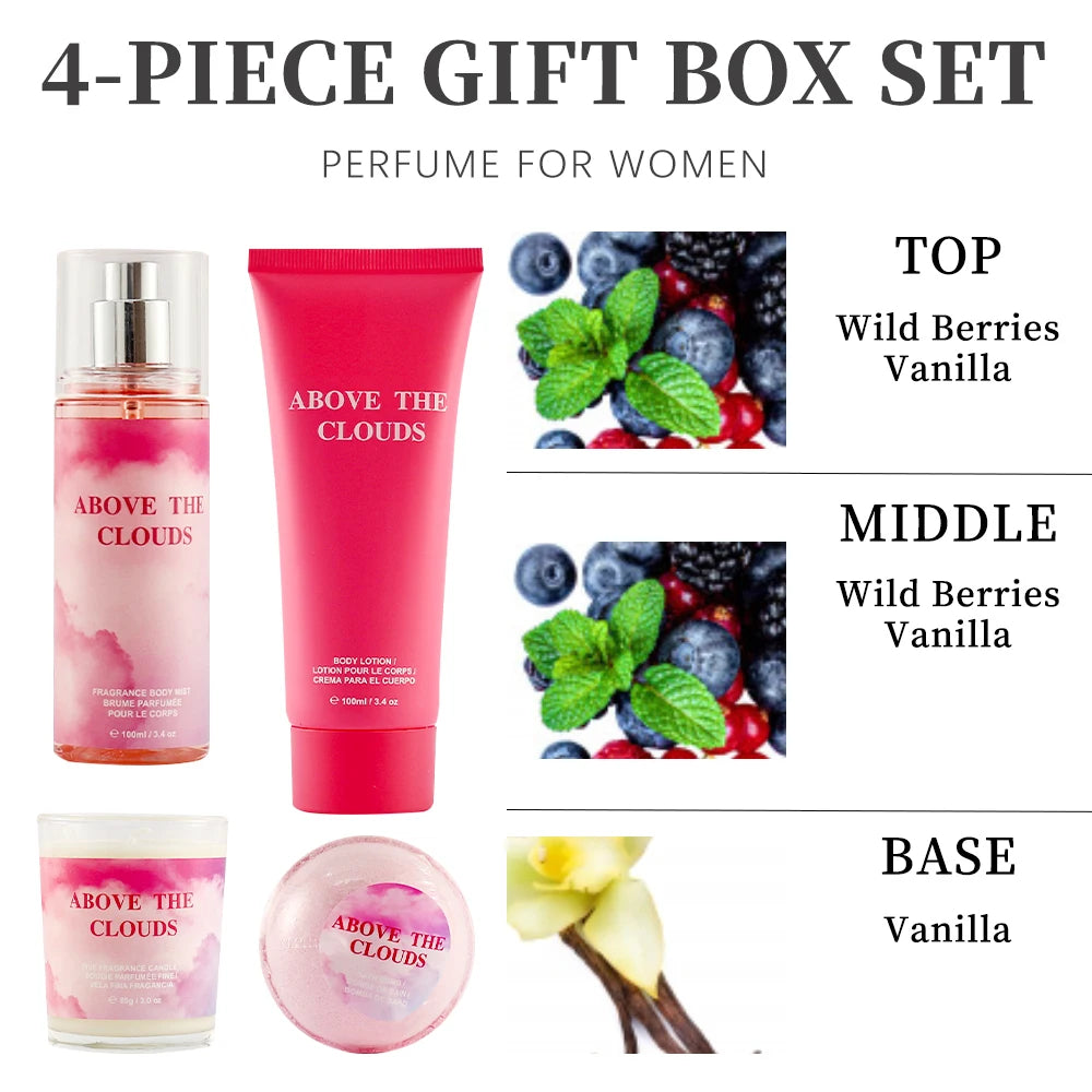 Women's Fragrance Sets 3.4fl.oz Body Mist, 3.4fl.oz Body Lotion, 3oz Candle and 2oz Bath Bomb 4 Pcs