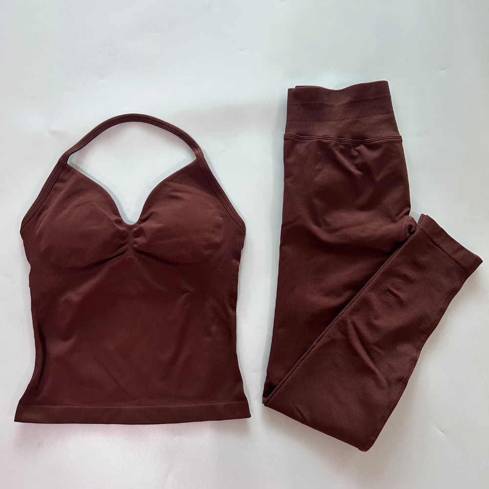 No Logo Seamless Gym Set Women Tank Tops High Waist Yoga Leggings Fitness Clothes Workout Sets Gym Suit Activewear