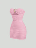 Ruched Strapless Mini Dress With Cutout Waist And Ornamental Metal Ring