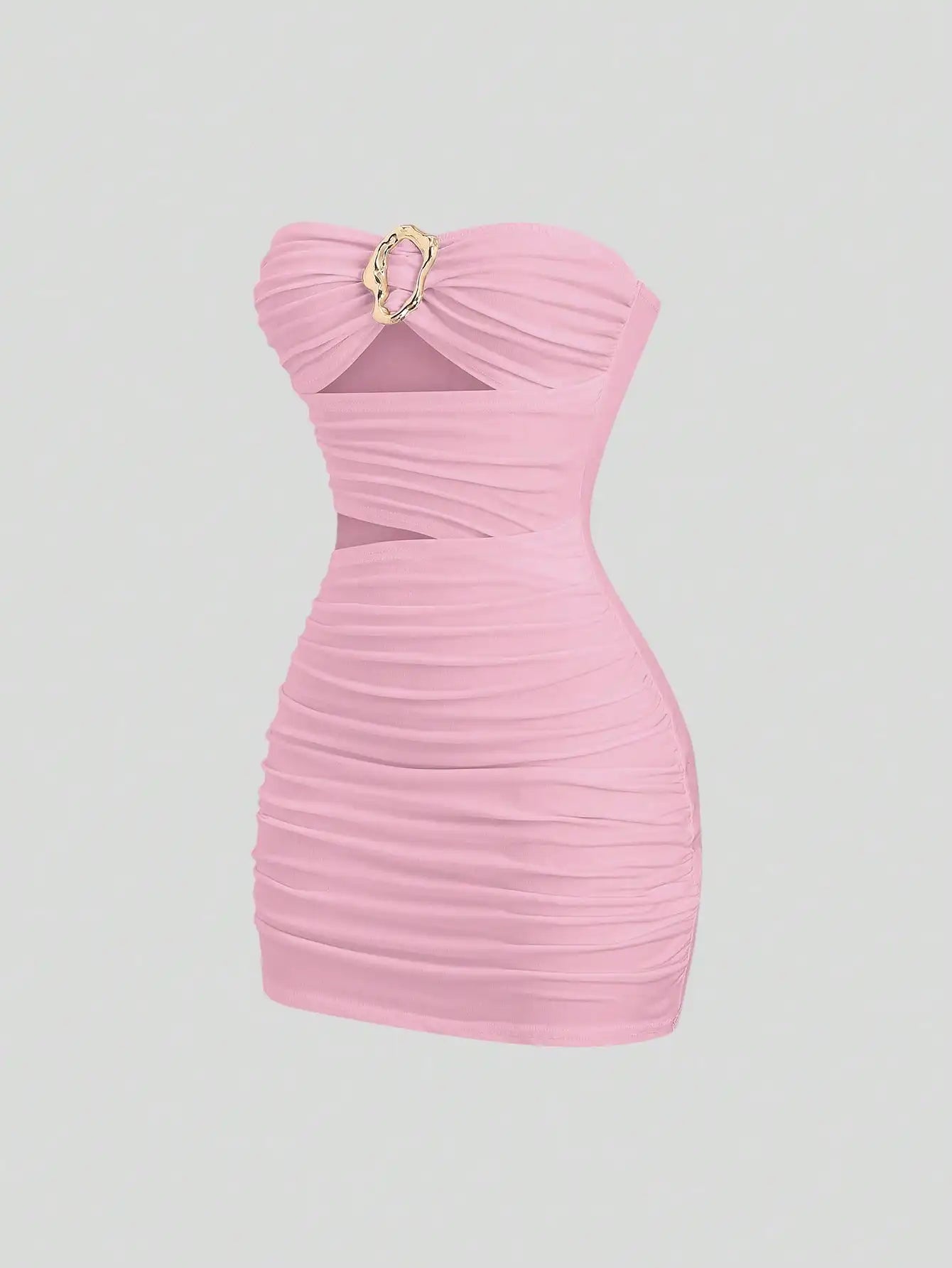 Ruched Strapless Mini Dress With Cutout Waist And Ornamental Metal Ring