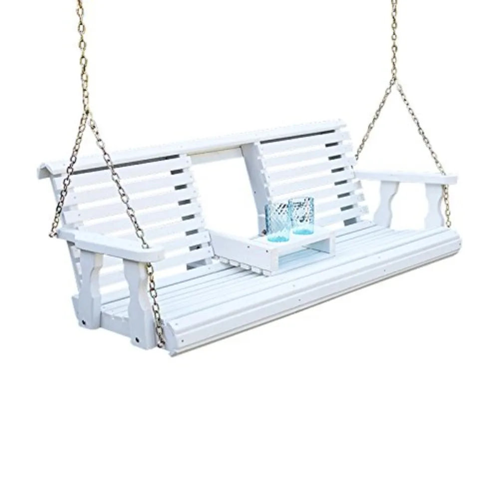 Console Porch Swing, Outdoor Patio Garden, Treated Pine White Stain 5ft Hanging Chains, Custom
