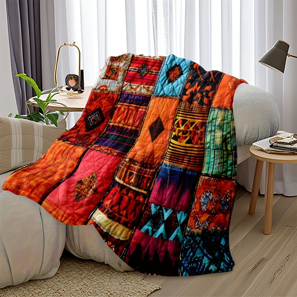 Bohemian Patchwork Quilt Vibrant Ethnic Geometric Floral Flannel Blanket