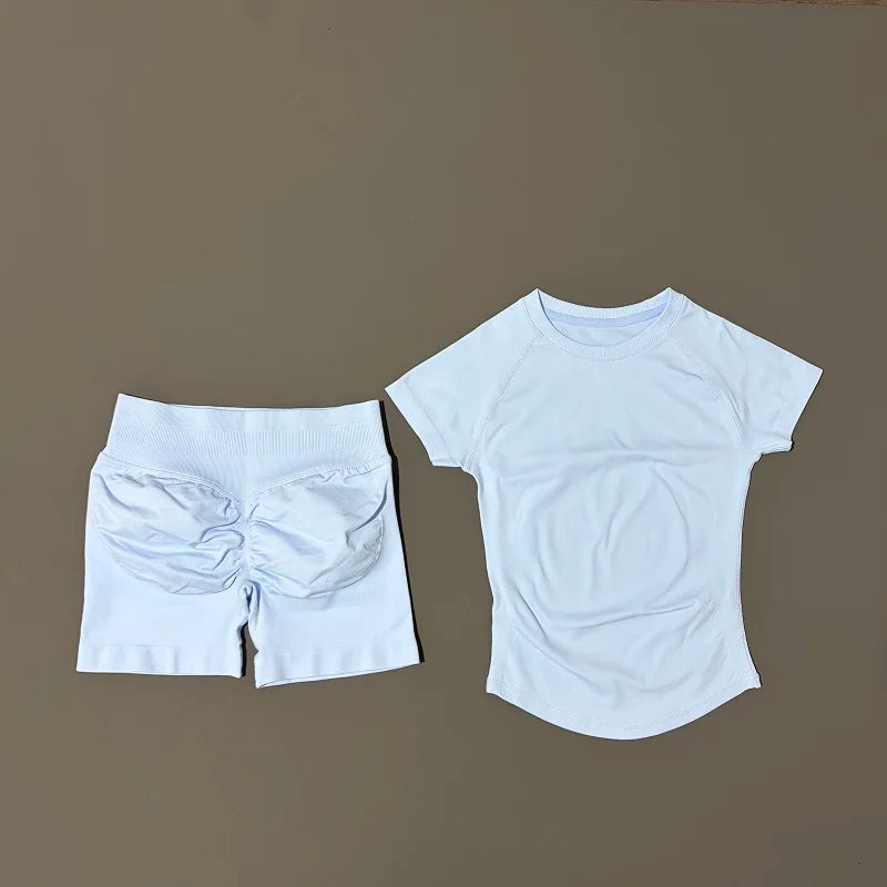 2 Pcs Impact Sports Sets Short Sleeve Seamless Yoga Top Fitness Set