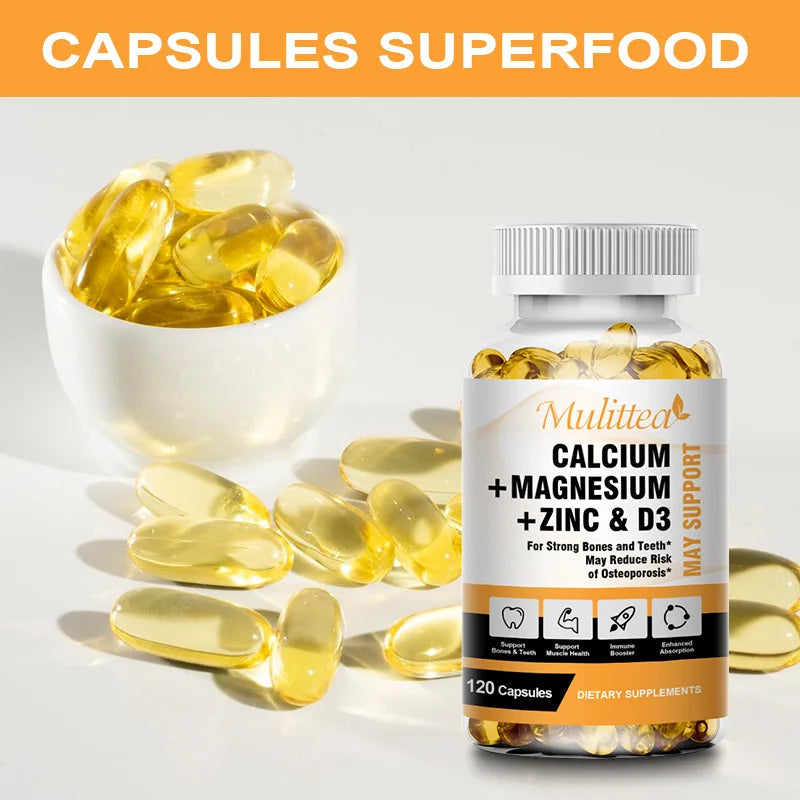 Calcium Magnesium Zinc Capsules with Vitamin D3 for Strong Bones & Nervous System Health & Promotes Cell Growth