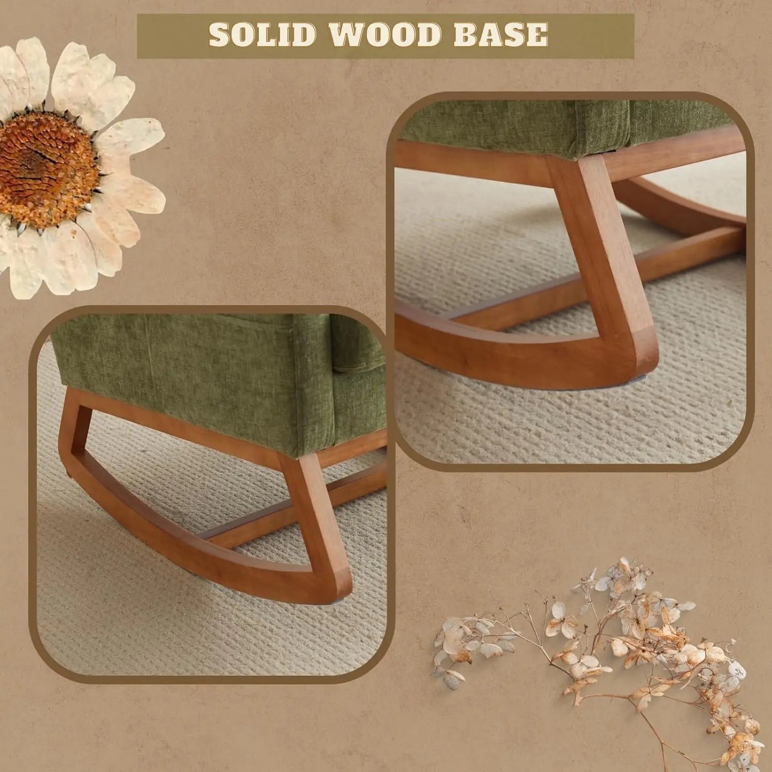 Olive Chenille Rocking Chair Nursery with Thick Headrest, Upholstered Mid-Century Modern Nursing Rocker