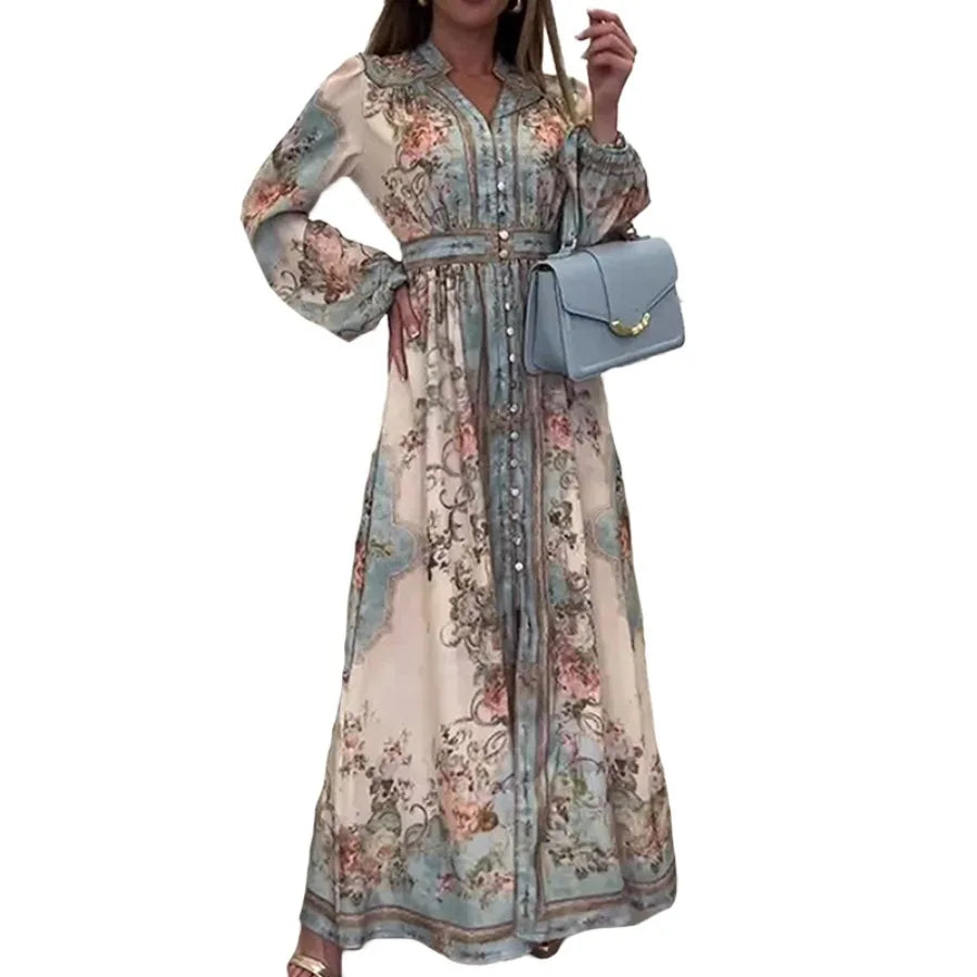 European and American women's clothing spring new style retro court V-neck long-sleeved printed large dress