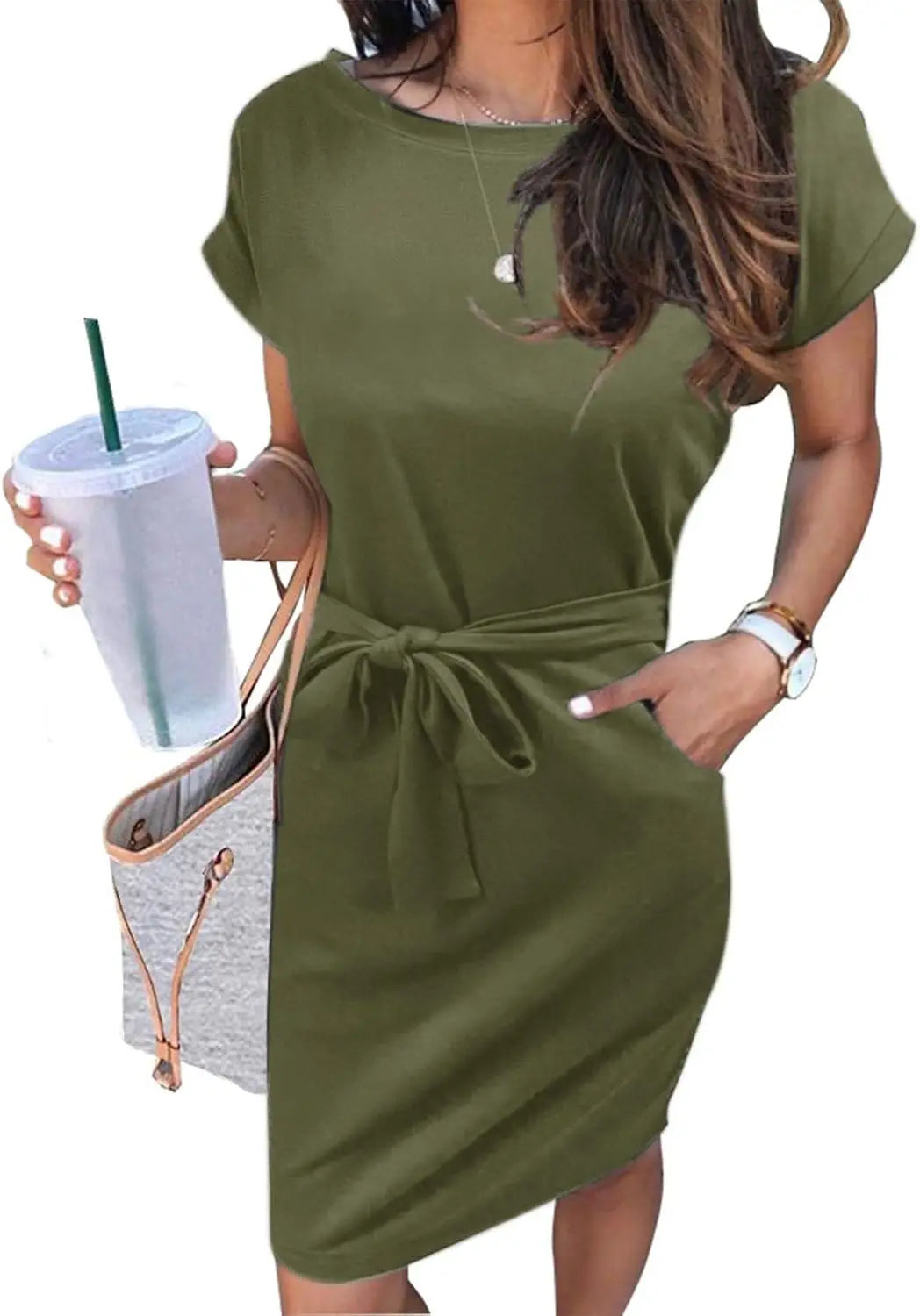 Casual T Shirt DrShort Sleeve Striped Tie Waist Work Vacation Trendy Short Dresses