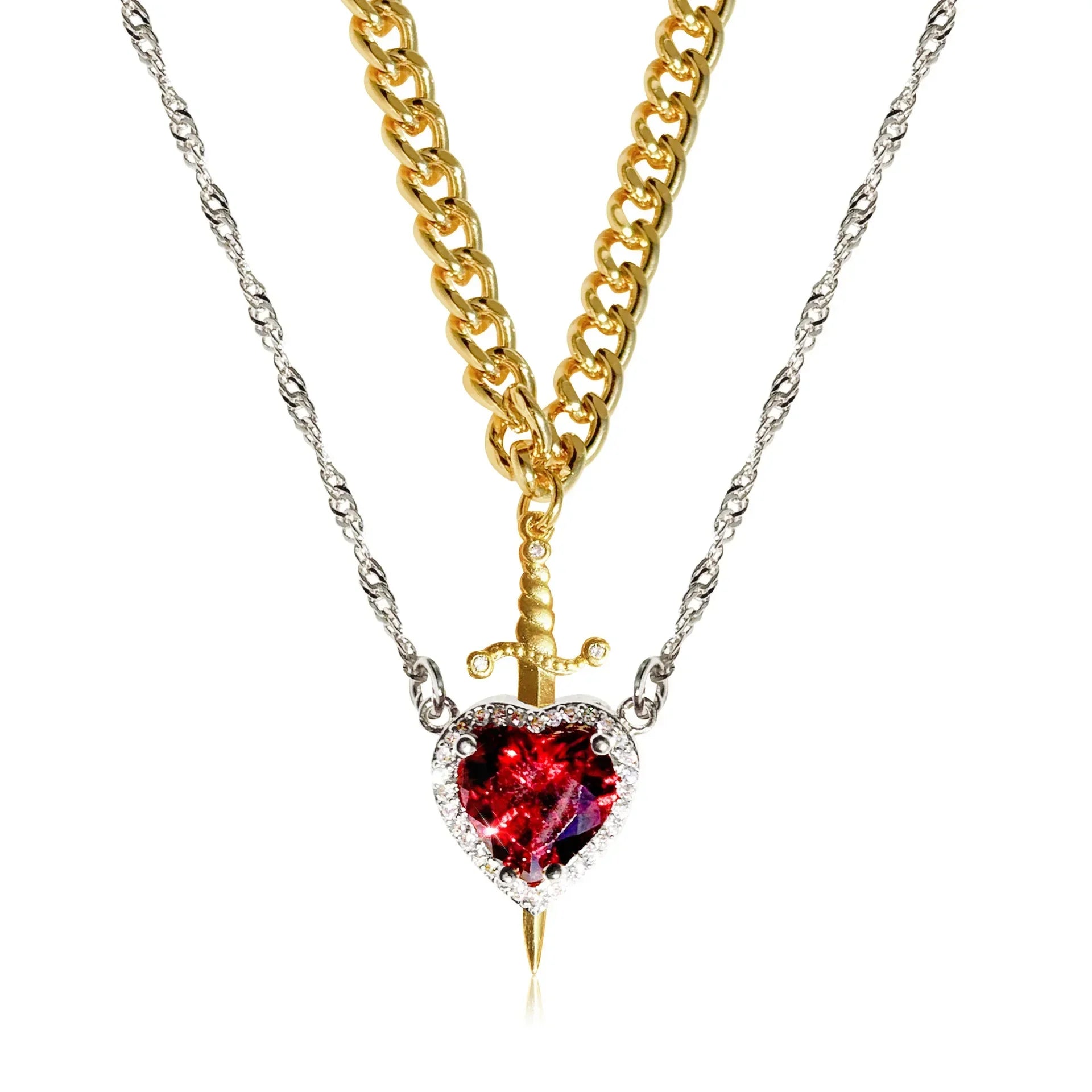 Heart and Sword Zircon Pendant Necklace for Women Men Couple Silver Gold Plated Choker Chain Jewelry