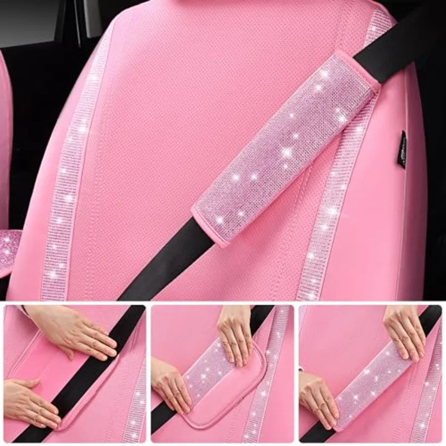 24 PCS Pink Bling Diamond Accessories Set for Women Leather Seat Covers 15'' Steering Wheel Cover Shining Rhinestone