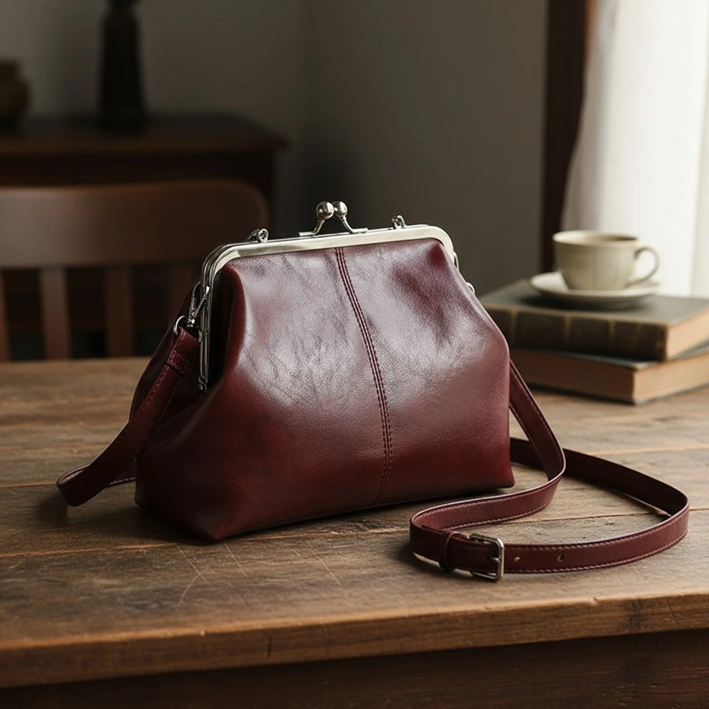 Leather Solid Color Shoulder Bag with Adjustable Strap Elegant Kiss Lock Shoulder Bag