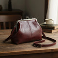 Leather Solid Color Shoulder Bag with Adjustable Strap Elegant Kiss Lock Shoulder Bag