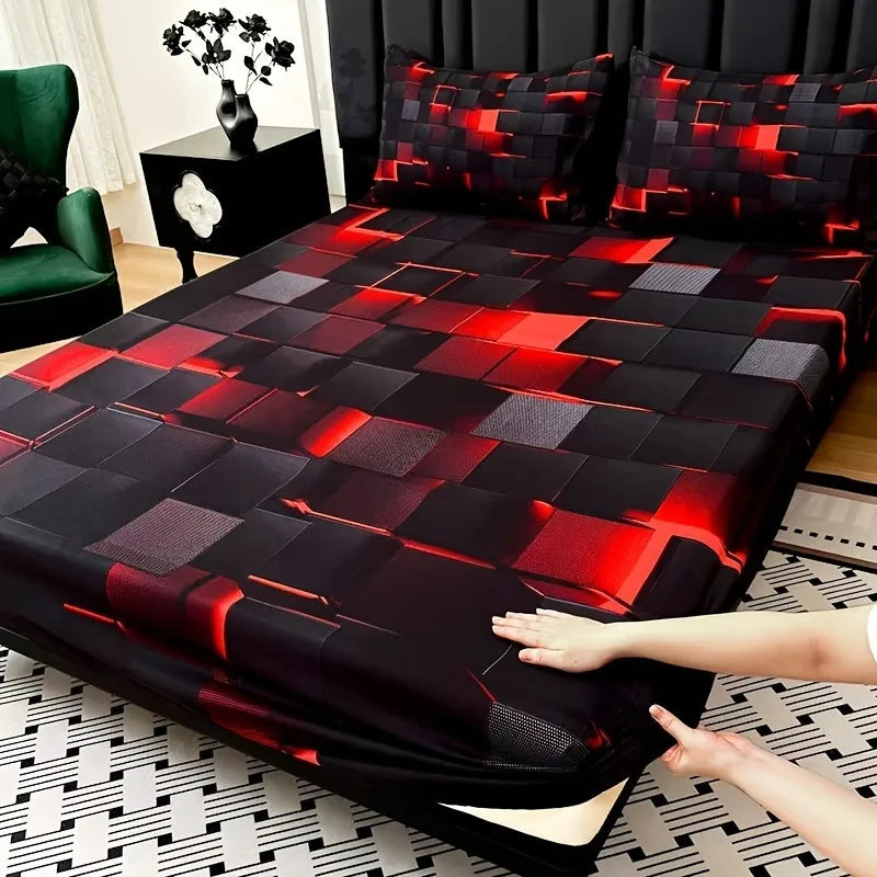 3pcs Cool Technology Digital Printing Material Plaid Fitted Sheet deep pockets