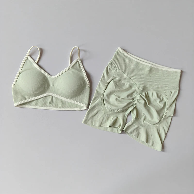2PCS Yoga Suit Seamless with Chest Pad Tight Sports Bras