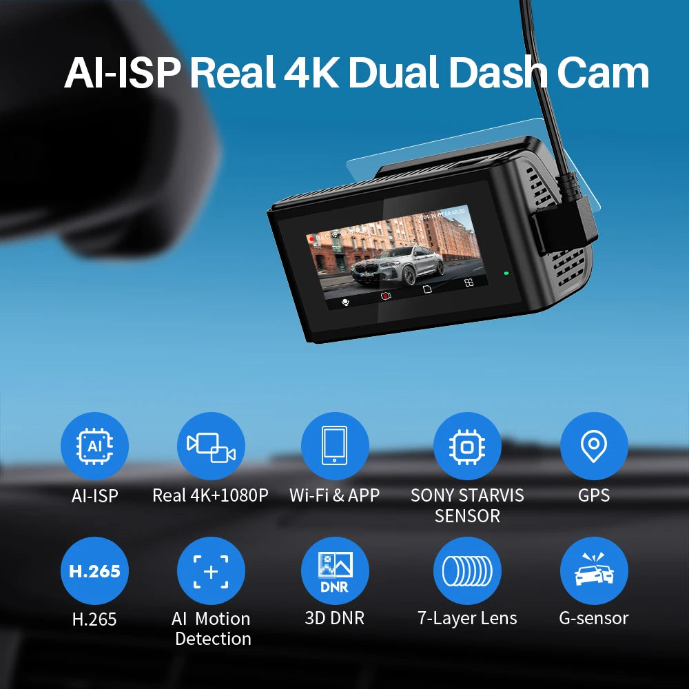 Front and Rear Dash Cam 4K WiFi Car GPS Video Recorder AI-ISP Color Night Vision Motion, Sony Starvis Dashcam