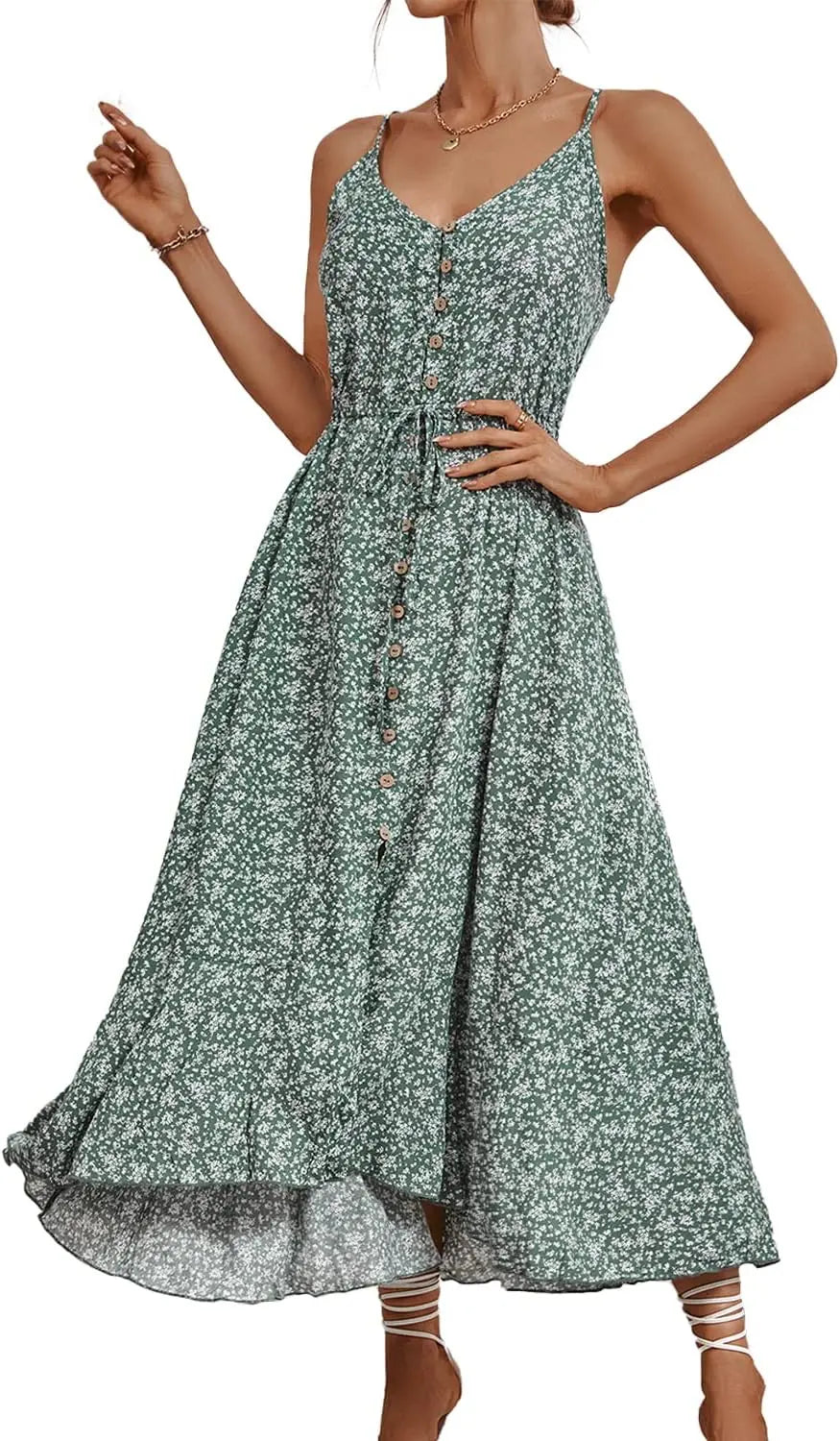 Boho SundrPolka Dot Spaghetti Strap V Neck Flowy Midi Dresses