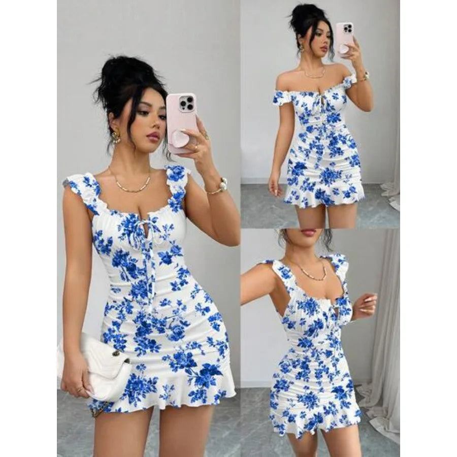 French summer - flower printing and dyeing dress retro waist slim short skirt