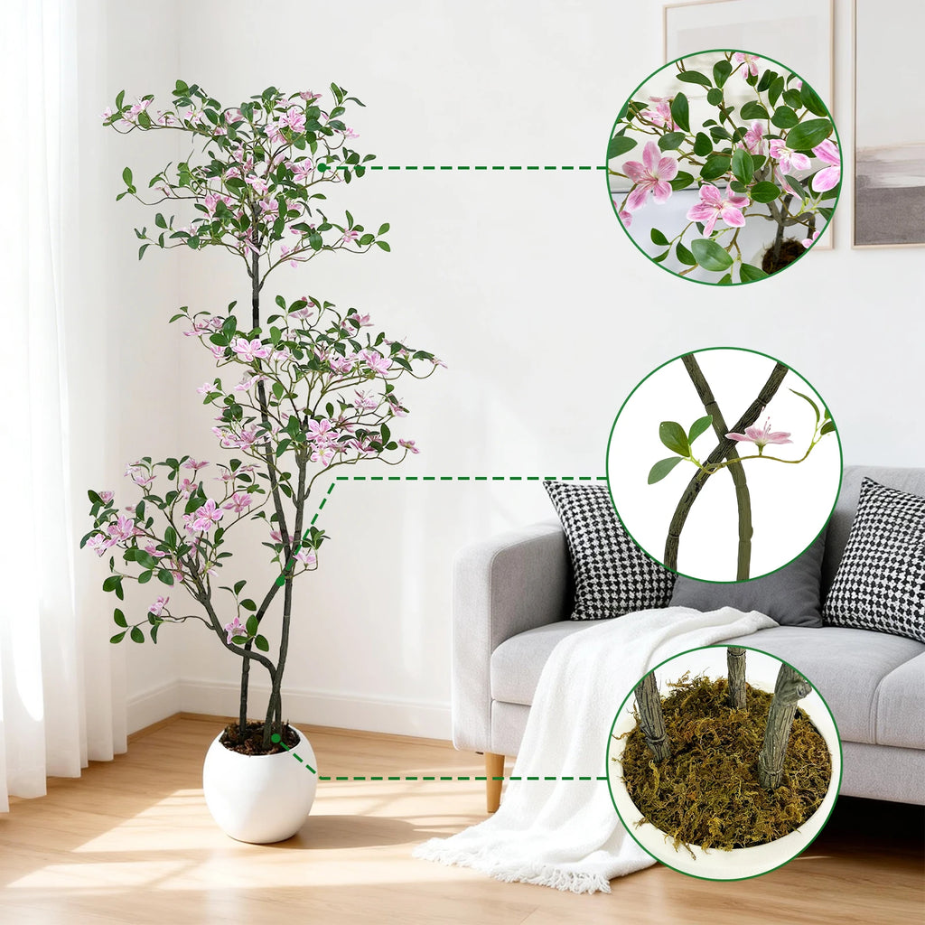 Realistic Pink Blossom Faux Tree with UV-Resistant Leaves