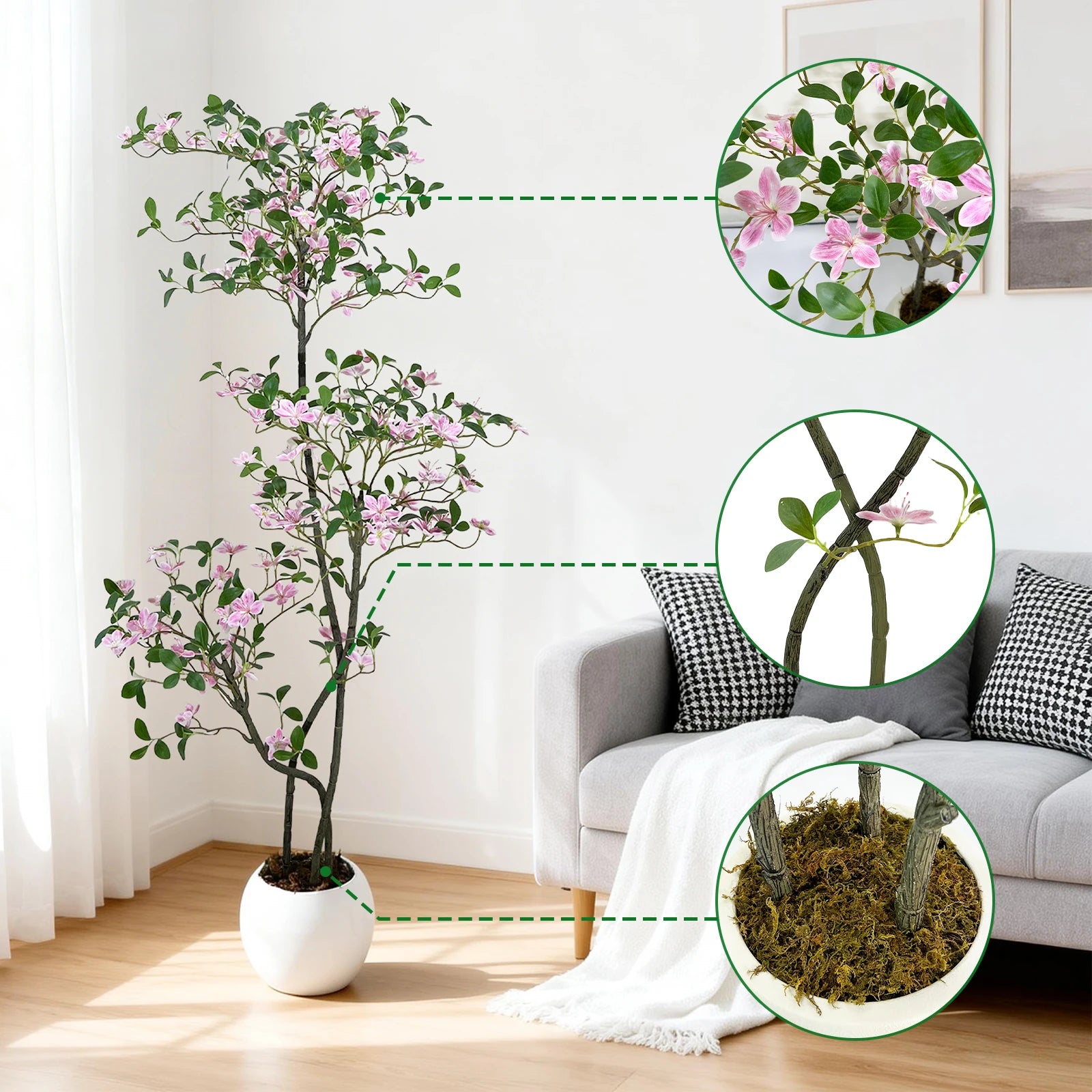 Realistic Pink Blossom Faux Tree with UV-Resistant Leaves