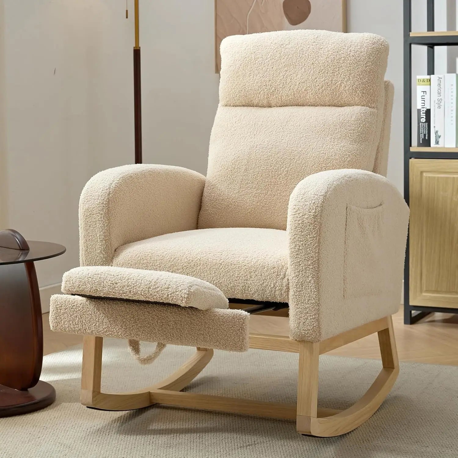 Modern Nursery Rocking Chair, Teddy Upholstered Rocking Chair with Footrest, Comfortable Rocker Recliner