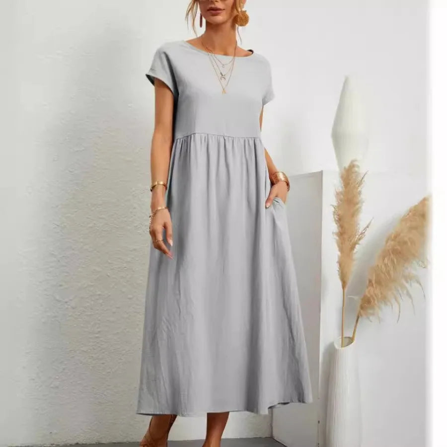 solid color sleeveless loose linen pocket women's dress in stock