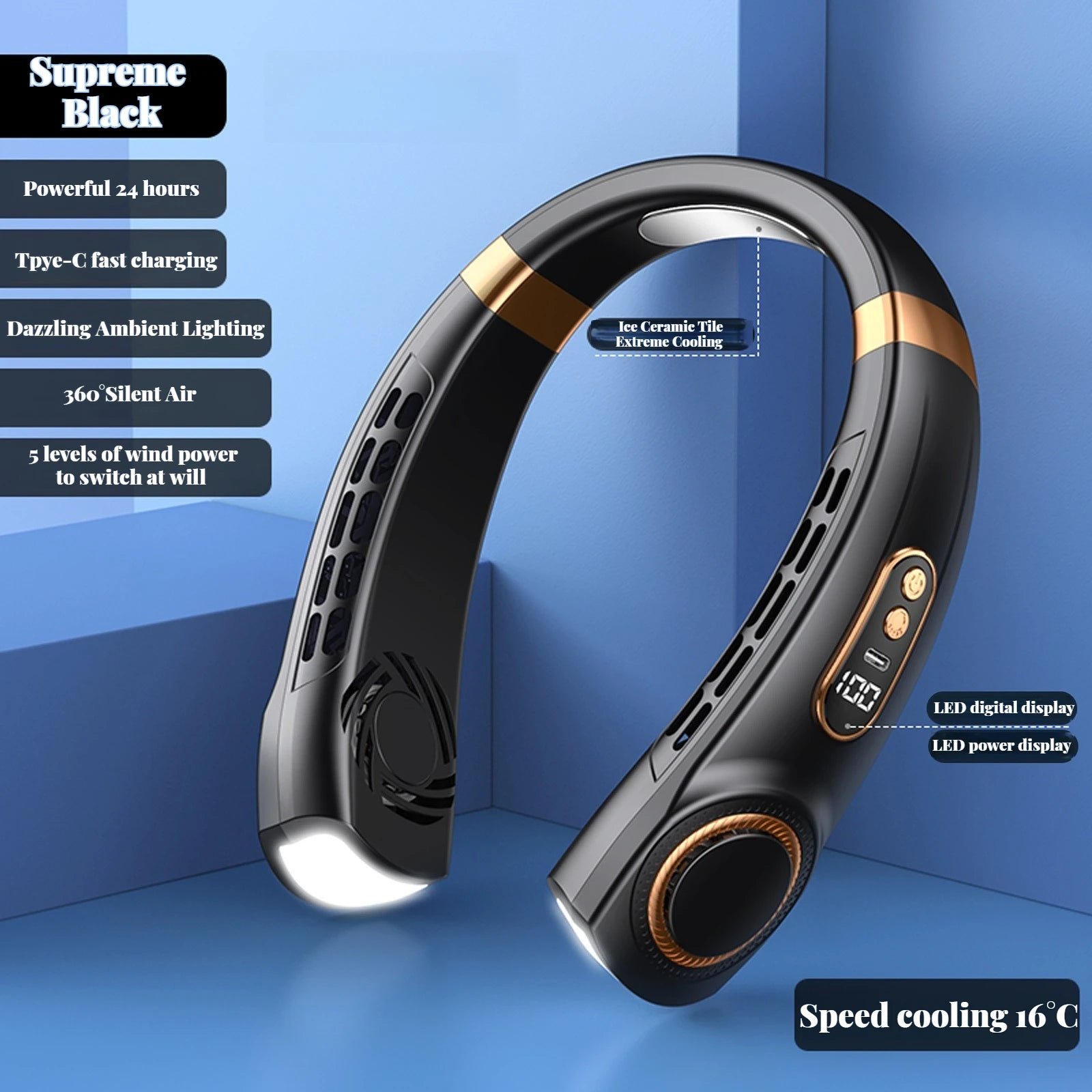 Portable Ice-Cooling Fan with LED Light, Silent Bladeless Halterneck Design