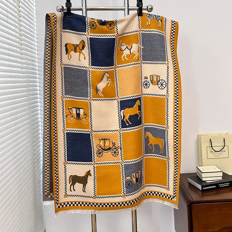 Poncho Cashmere Winter Women Scarf Horse Print Shawl Wrap