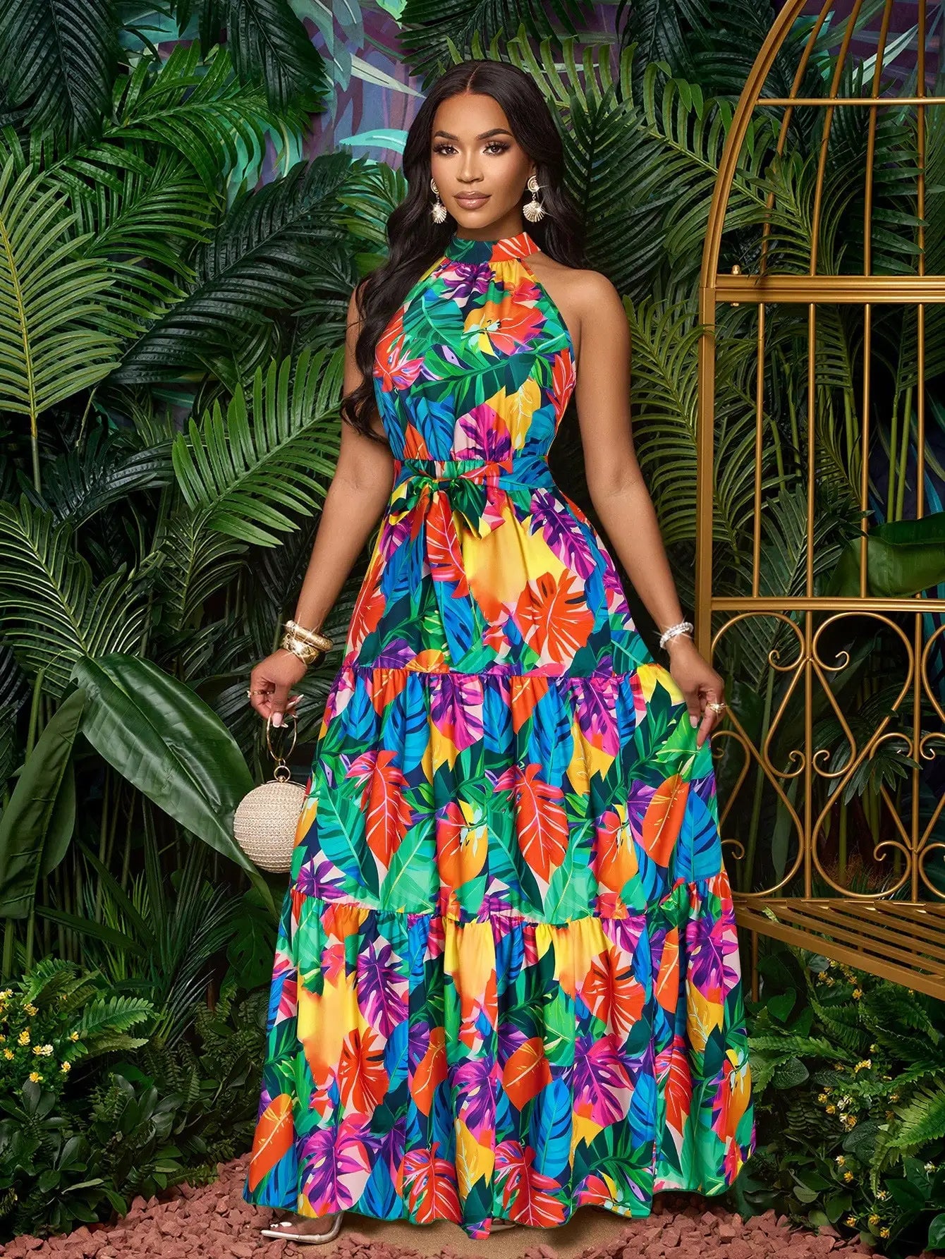 Women's Halter Neck Floral Print Tiered Maxi Dress With Belt Flowy Vacation Dress