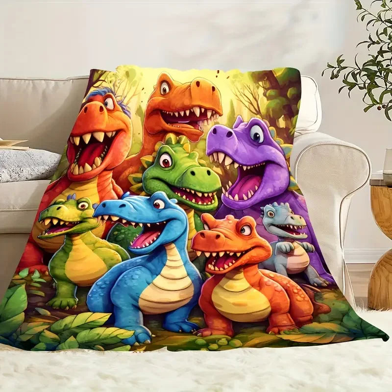 cartoon cute little dinosaur print flannel blanket - sofa cover, office, travel