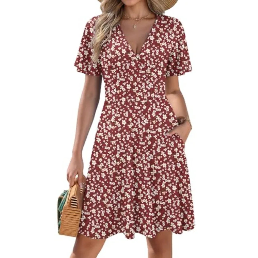 Summer Dresses Wrap V Neck Dress Floral A-Line Ruffle Sleeve Casual Sundress with Pockets