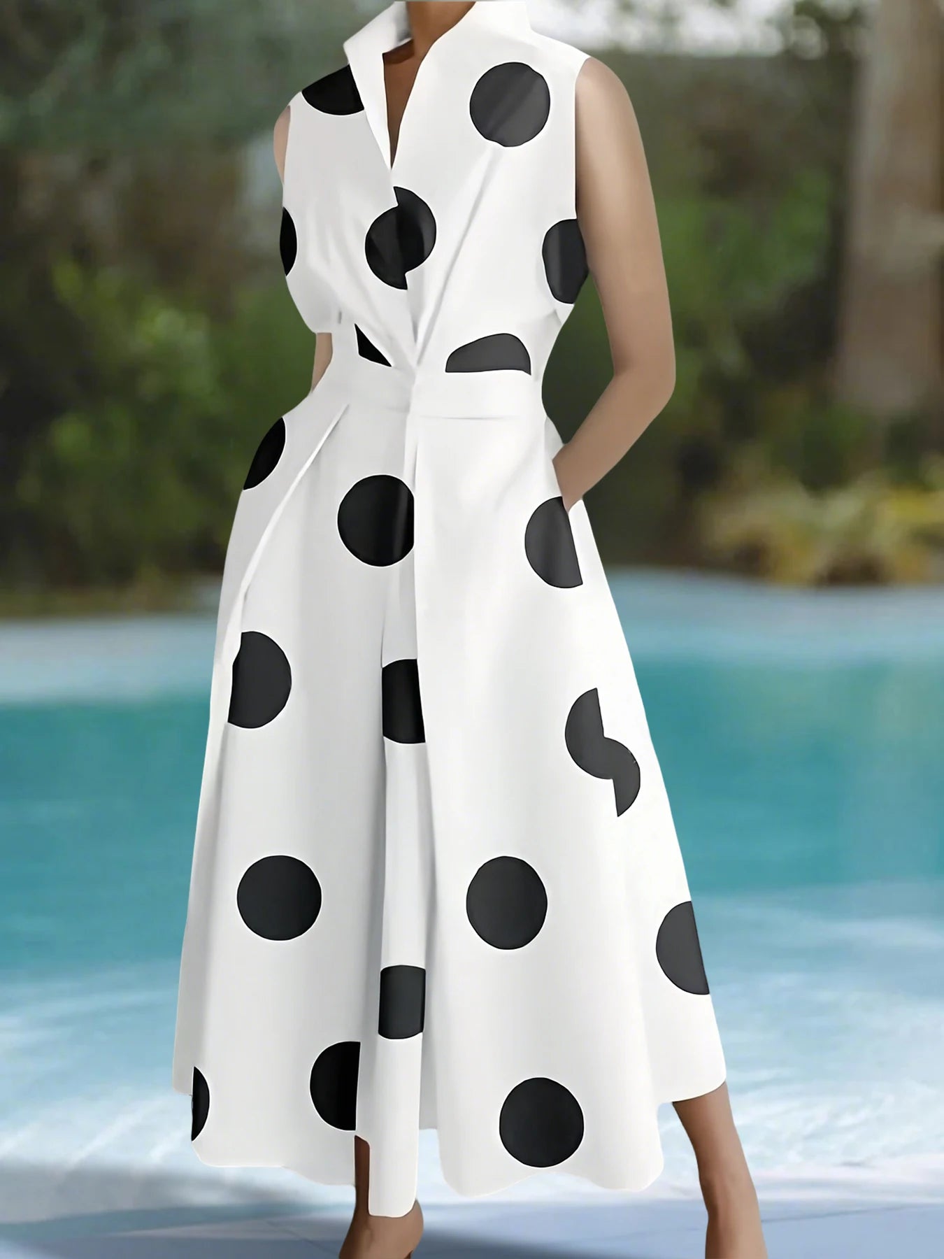 White Black Big Polka Dot Sleeveless Shirt Collar Cutout Waist Flared Maxi Dress Retro Elegant Style