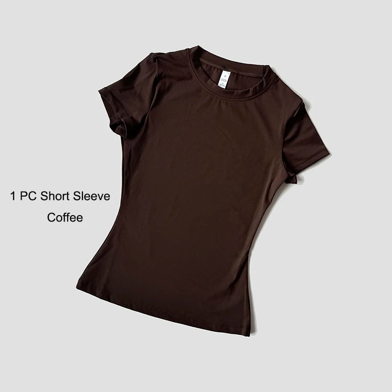 Women's Sports Yoga Set Seamless Knitted Fitness Gym Clothes Sportswear Short Sleeve Crop Top