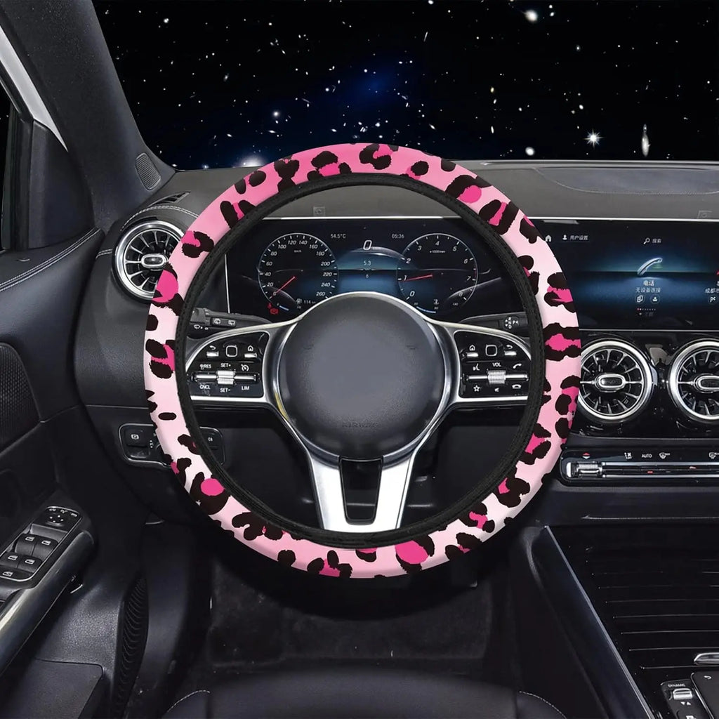 15 PCS Pink Leopard Print Car Seat Cover Set with Steering Wheel, Console, and Accessories for SUV