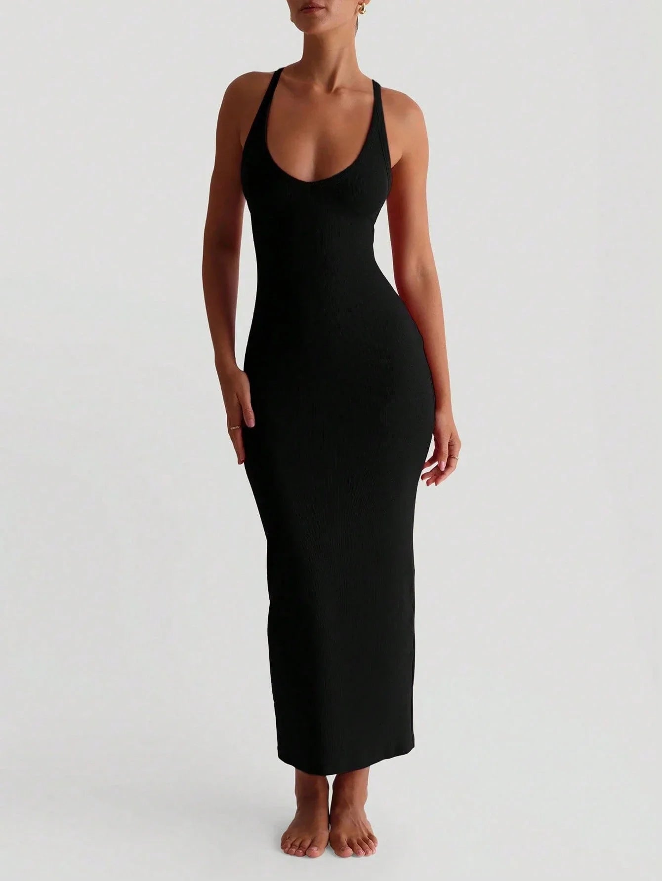 Ribbed Knit V-Neck Maxi Dress With Criss-Cross Back, Stretch Bodycon Fit For Evening Or Summer