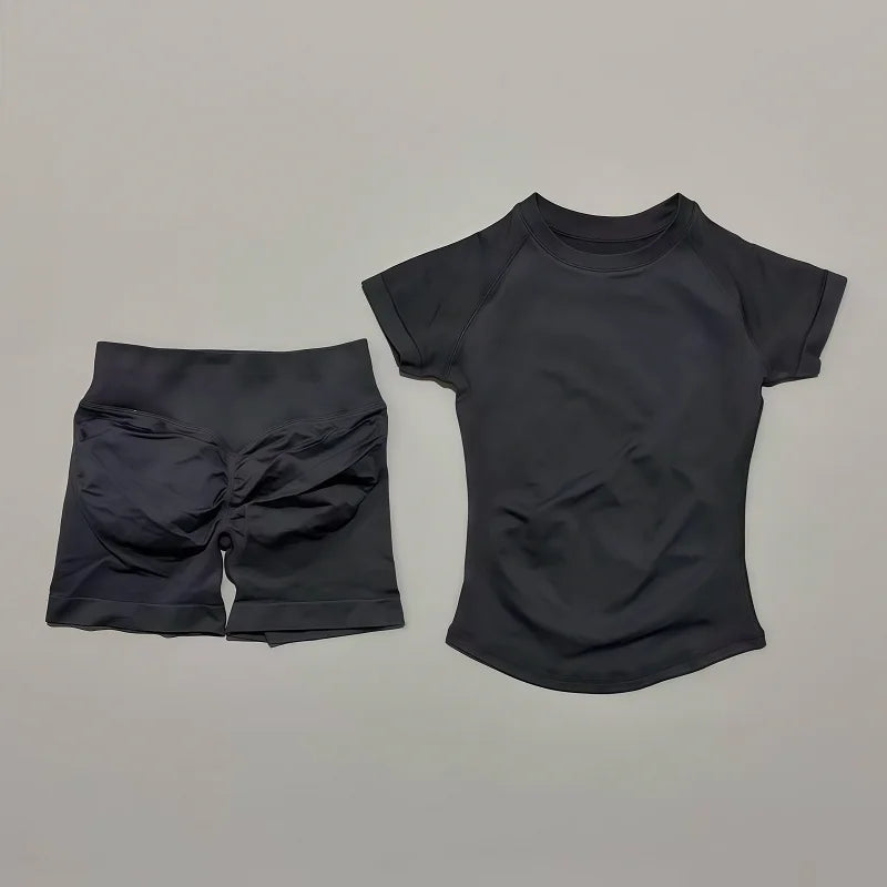 2 Pcs Impact Sports Sets Short Sleeve Seamless Yoga Top Fitness Set