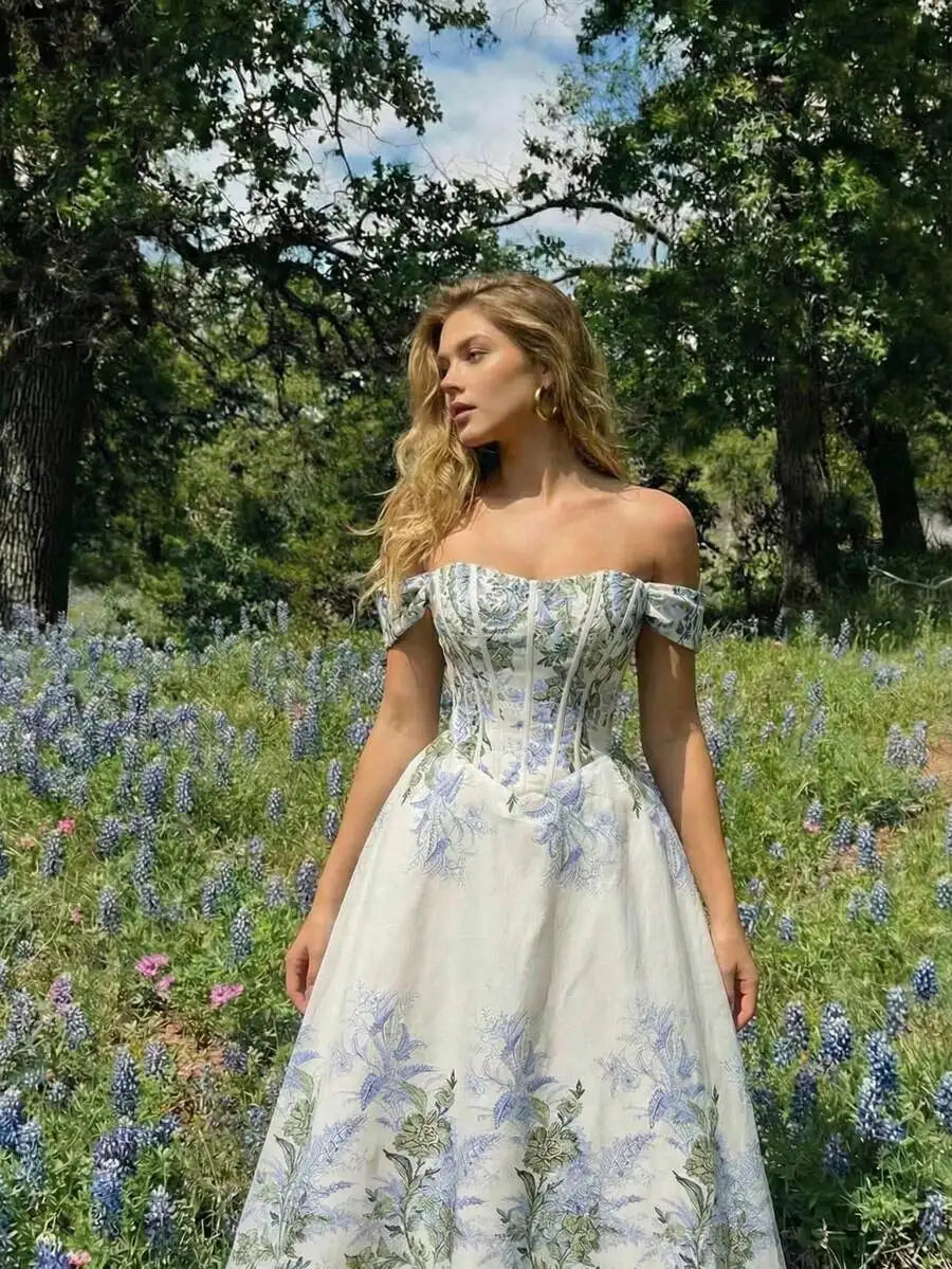 Light Blue Off-Shoulder Corset-Style Midi Dress with Bow Sleeves