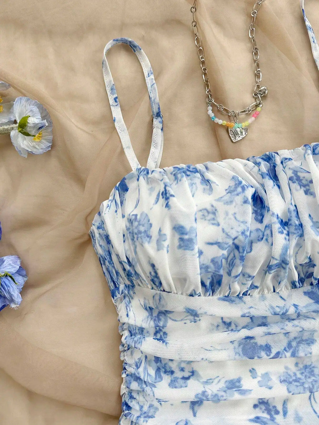 Blue and White Floral Print Ruched Strap Dress for Teen Girls, Summer Casual Style