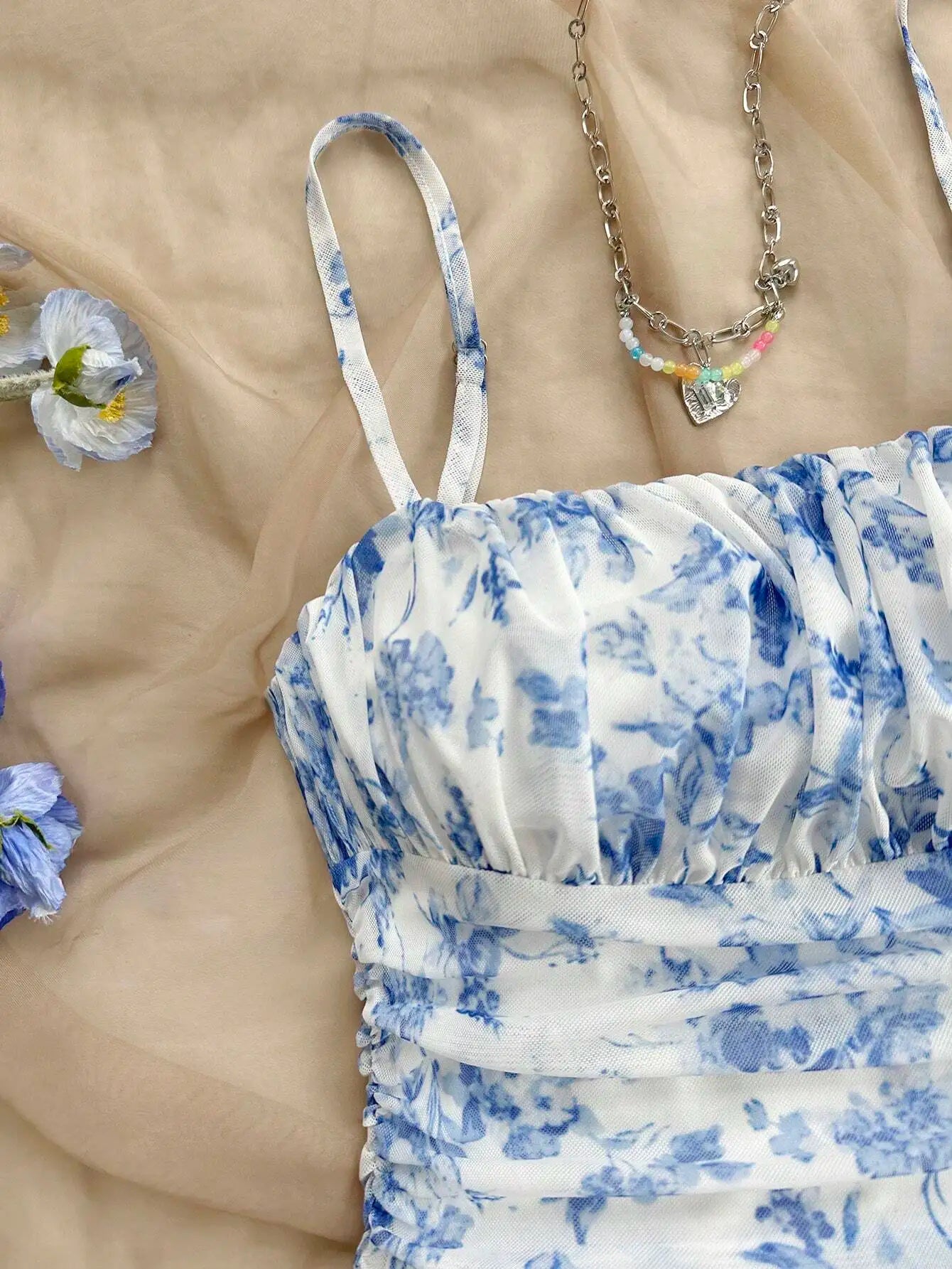 Blue and White Floral Print Ruched Strap Dress for Teen Girls, Summer Casual Style