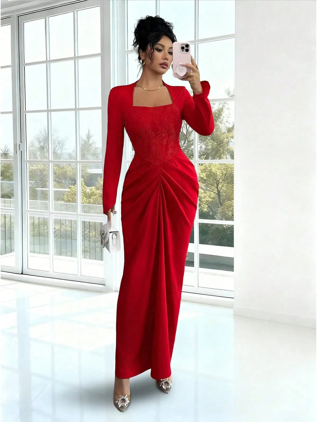 Red Lace Panel Square Neck Long Sleeve Fitted Maxi Dress with Ruched Skirt